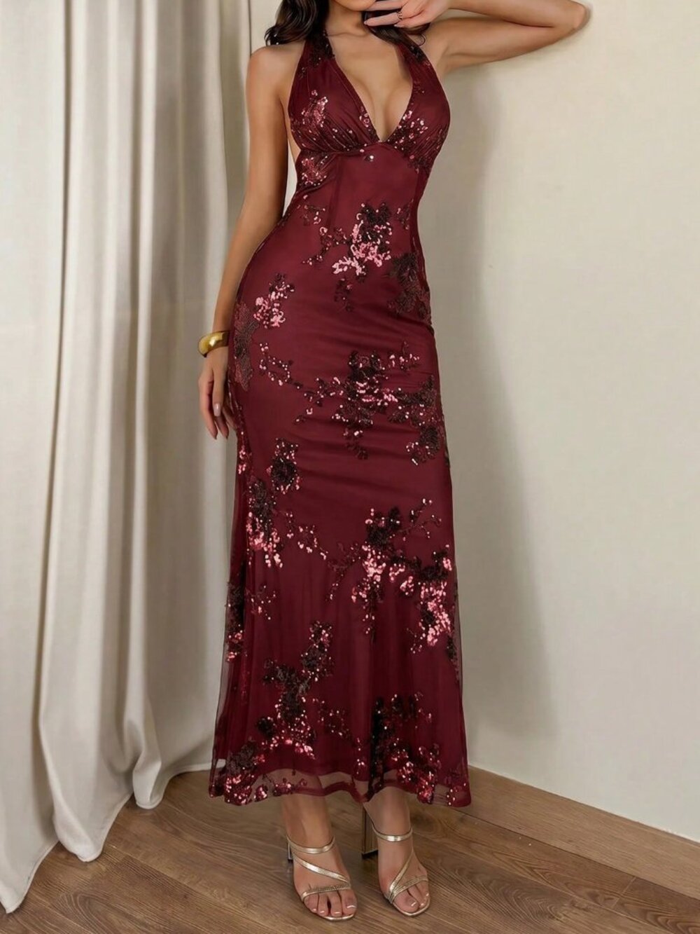 Burgundy Party Women's Slim Fit Asymmetrical Long Halter Neck Bodycon Dress